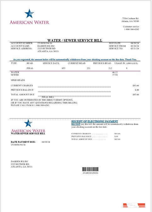 USA Georgia American Water business utility bill template in Word and PDF formats